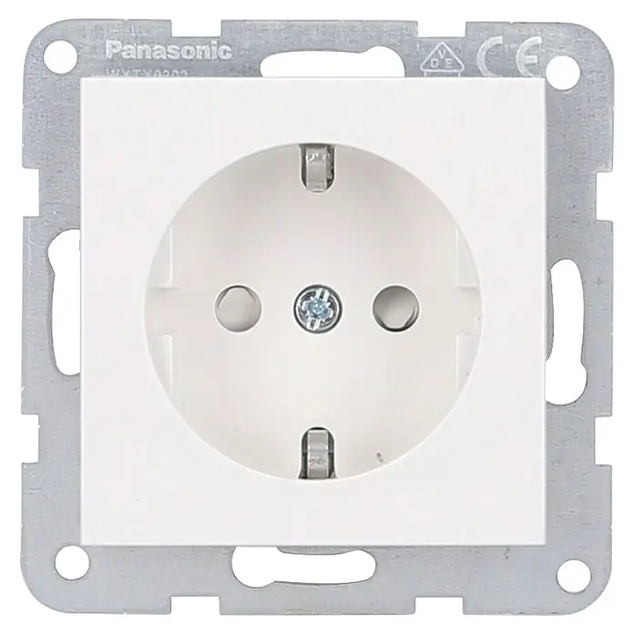 Panasonic Karre Plus 55 Steckdose SAFETY+ WDTT03122WH-EU1 - Reinweiß (ähnlich RAL 9010), Matt, Metall, Unterputzmontage - Weiße Panasonic Schutzkontakt-Steckdose mit Metall-Montagerahmen.