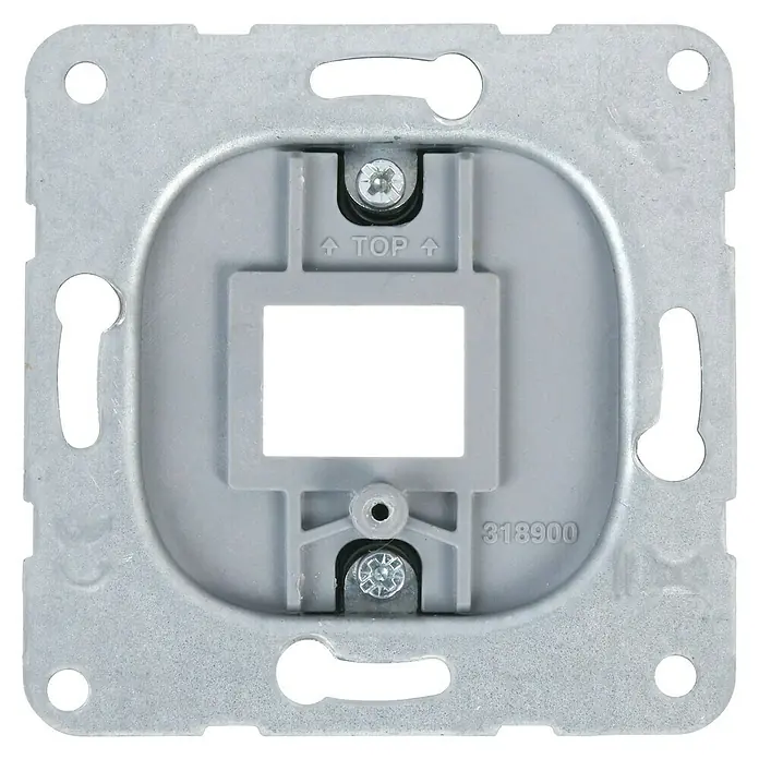 Panasonic Karre Plus 55 Blindabdeckung Einsatz WDTM07012NC-EU1 - Metall, Unterputzmontage - Grauer Metall-Installationsrahmen mit Kunststoffeinsatz, quadratischer Mittelöffnung und Schraubbefestigungen.