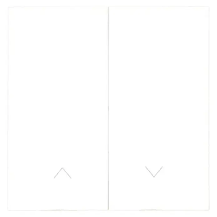 Panasonic Karre Plus 55 Jalousiewippe WDTR00221WH-EU1 - Reinweiß (ähnlich RAL 9010), Matt, Kunststoff, Unterputzmontage - Zwei leere weiße Felder, jedes mit einem schwachen Chevron-Symbol unten; eines nach oben, eines nach unten.