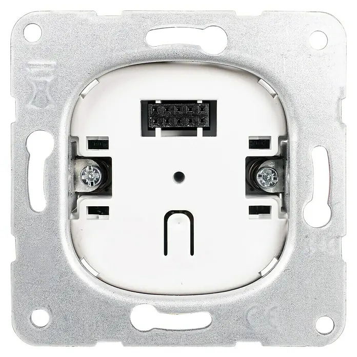 Panasonic Karre Plus 55 Dimmer-Einsatz WDTM05295NC-EU1 - Schrauben - Rückansicht eines silbernen Steckdosen-Montagerahmens mit weißem Kunststoffeinsatz, sichtbaren Klemmen, Mehrfachstecker und Schutzkontakt.
