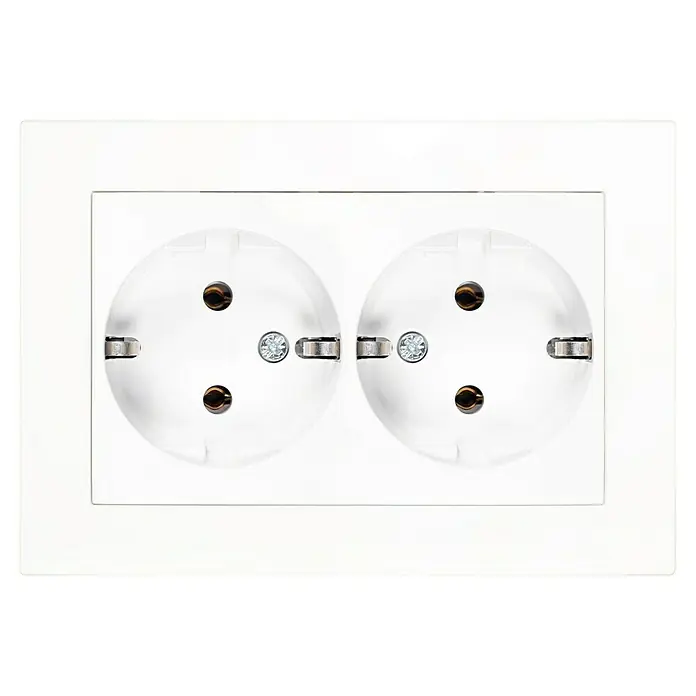 Panasonic Karre Plus 55 Doppelsteckdose WDTC12052WH-EU1 - Reinweiß (ähnlich RAL 9010), Matt, Metall, Unterputzmontage - Weiße Kunststoff-Doppelsteckdose mit je zwei goldfarbenen Kontakten und einer zentralen silberfarbenen Schraube pro Steckdose.