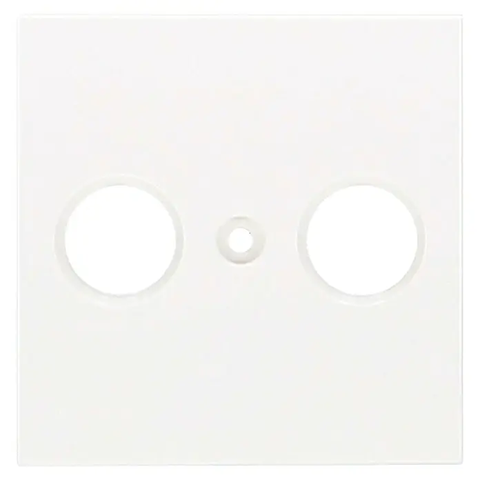 Panasonic Karre Plus 55 Antennenabdeckung WDTR04601WH-EU1 - Reinweiß (ähnlich RAL 9010), Matt, Kunststoff, Unterputzmontage - Weiße quadratische Abdeckplatte mit zwei großen runden Öffnungen und einem kleineren Mittelloch.