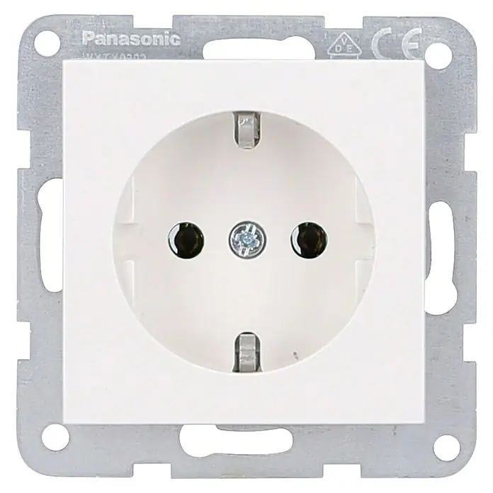 Panasonic Karre Plus 55 Steckdose WDTT03022WH-EU1 - Reinweiß (ähnlich RAL 9010), Matt, Metall, Unterputzmontage - Weiße Steckdose mit silbernem Metall-Montagerahmen.