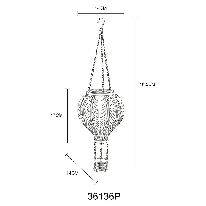 Globo Solar-Hängeleuchte Heißluftballon - Rosa, IP44, Ø x H: 14 x 46,5 cm - Abbildung einer dekorativen Heißluftballon-Laterne mit den Maßen 14 cm x 17 cm x 14 cm x 46,5 cm.