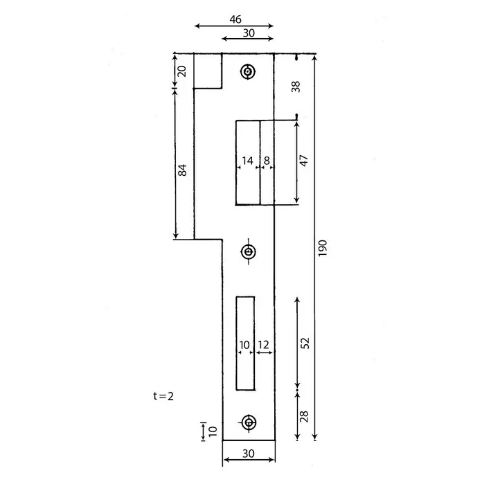 Stabilit Lappenschließblech - DIN-R, L x B: 220 x 48 mm, Hauseingangstür - Technische Zeichnung einer Türschließplatte mit detaillierten Maßangaben für Installation und Design.