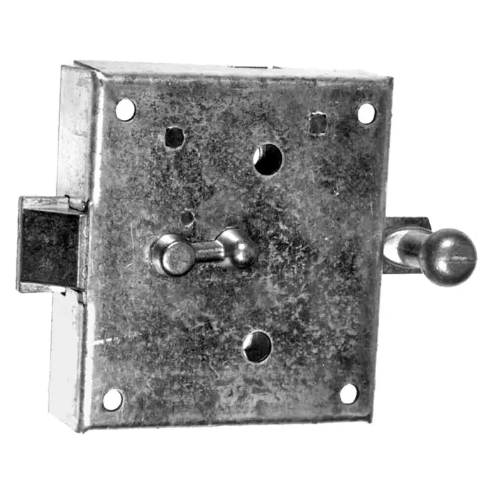 Stabilit Schloss - Buntbartschloss, Universell einsetzbar, L x B x H: 26 x 83 x 90 mm - Nahaufnahme eines eckigen Kastenschlosses aus Metall mit einem Drehknopf. Das Schloss ist robust und funktional gestaltet.