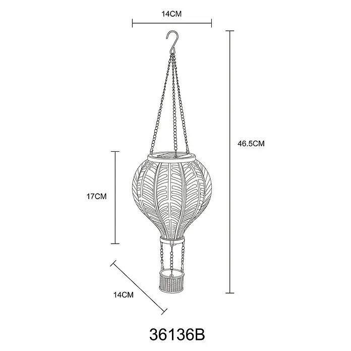 Globo Solar-Hängeleuchte Heißluftballon - Bunt, IP44, Ø x H: 14 x 46,5 cm - Abbildung einer hängenden Laterne in Heißluftballonform mit Maßangaben und der Produktnummer 36136B.
