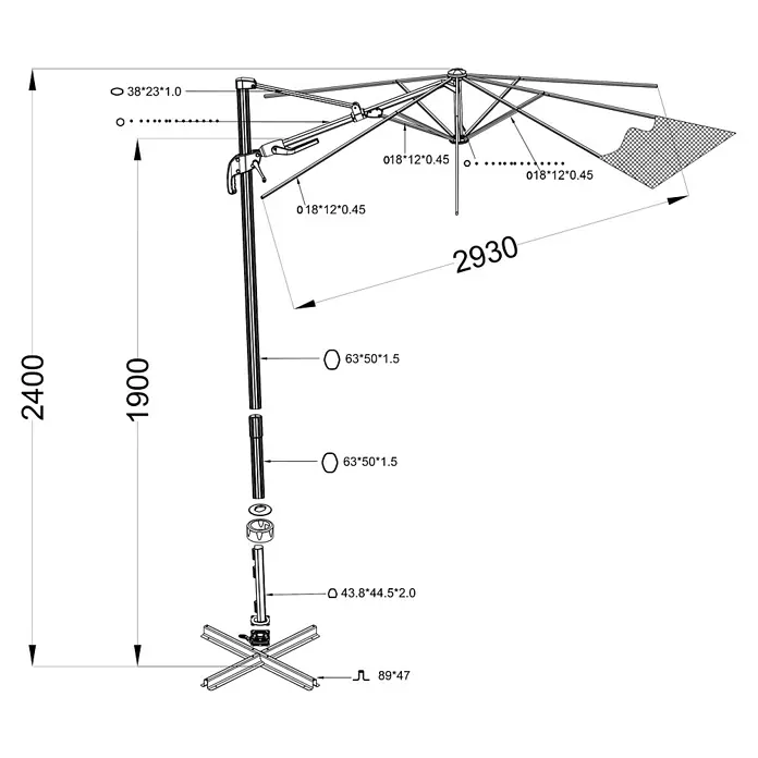 Sunfun Ampelschirm rund Capri - Beige, Durchmesser Bespannung: 300 cm - Eine Detailzeichnung eines Sonnenschirms mit seitlichem Mast, mit den dazugehörigen Maßangaben.