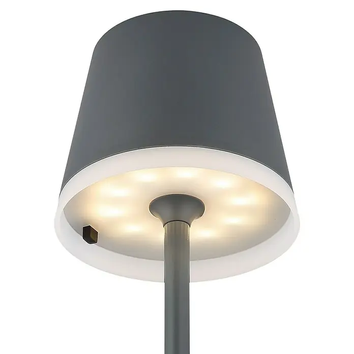 Globo Solar-Tischleuchte - Schwarz, Warmweiß, IP44, Ø x H: 11 x 41 cm - Nahaufnahme einer modernen grauen Tischleuchte mit kreisförmiger LED-Beleuchtung und einem Schalter an der Seite.