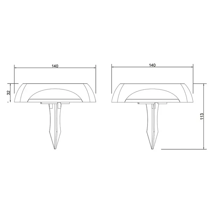 Globo Solar-Außenwandleuchte Wand und Boden - 1,2 W, L x B x H: 14 x 14 x 3,6 cm, IP65, 200 lm, Form: Quadratisch - Produktskizze eines Befestigungsclips mit den Maßen 140 mm Breite, 32 mm Höhe des Kopfes und 113 mm Gesamthöhe.
