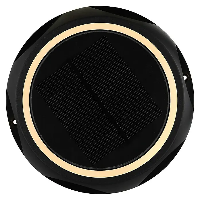 Globo Solar-Außenwandleuchte Wand und Boden - 1,2 W, IP65, 200 lm, Form: Rund - Nahaufnahme einer schwarzen, sechseckigen Solarleuchte mit einem goldenen Ring, die Solarenergie für Beleuchtung nutzt.