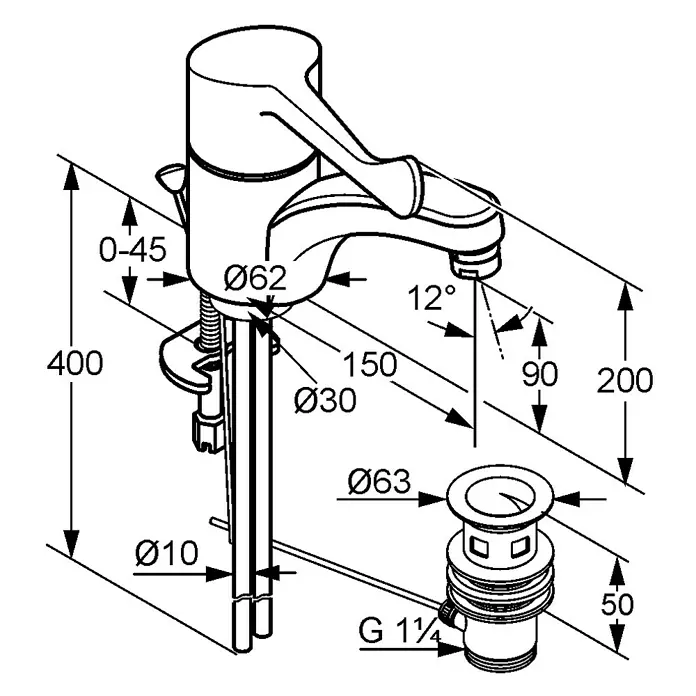 Kludi Waschtischarmatur Medi Care - Chrom, Glänzend - Technische Zeichnung einer Armatur mit Maßen. Präzise Details des Produkts für Installation und Design.