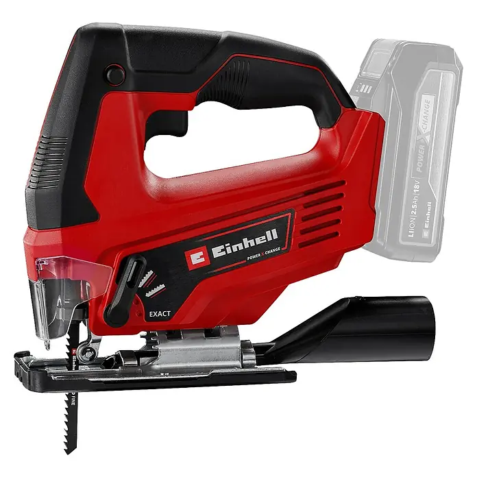 Einhell Power X-Change 18V Maschinen-Set - 18 V, 2 Akkus, 3 Ah, 10 -tlg. - Akkubetriebene Stichsäge von Einhell mit rotem Gehäuse und schwarzem Griff für präzise Schnitte und kabellose Flexibilität.