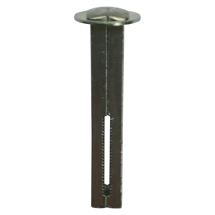 Spaltwechselstift - L x B x H: 60 x 8 x 8 mm, Geeignet für: Gerillte Stiftschrauben - Nahaufnahme eines Hohlnietstifts aus Metall mit rundem Kopf und Schlitz.