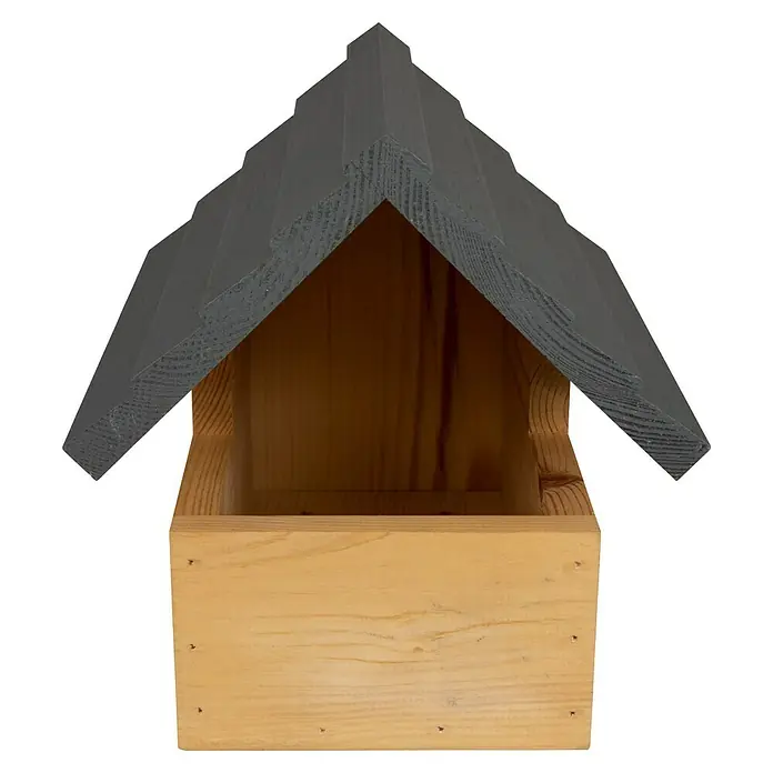 Windhager Nistkasten Loggia - Natur/Grau, Kiefer - Nahaufnahme eines hölzernen Vogelhauses mit grauem Dach und Futterspender für den Garten.