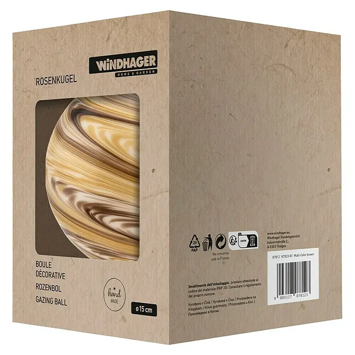 Windhager Glaskugel - Durchmesser: 15 cm, Braun - Verpackung einer Windhager Rosenkugel für den Garten, mehrfarbig braun, mit Produktinformationen und Recyclinghinweisen.