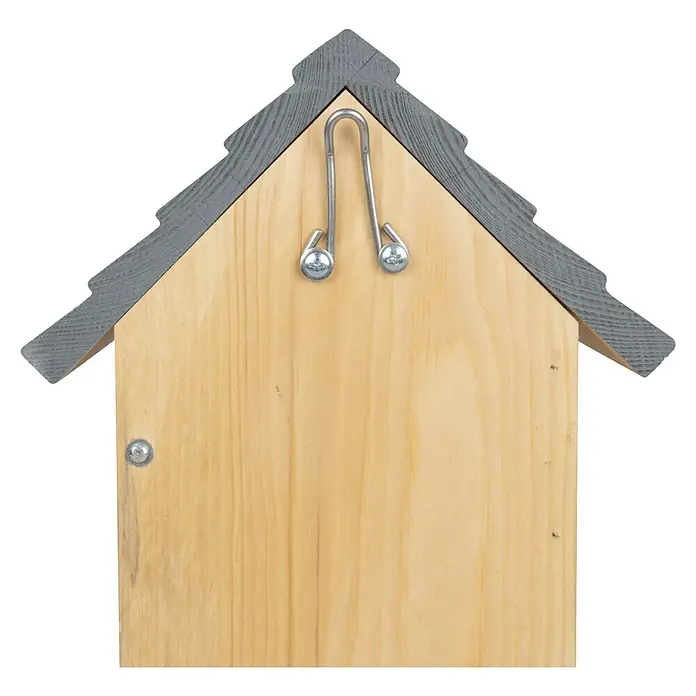 Windhager Nistkasten Cosy - Kiefer, Holz - Rückansicht eines hölzernen Vogelhauses mit grauem Dach und einem Metallbügel zur Aufhängung. Die Holzmaserung ist deutlich sichtbar.