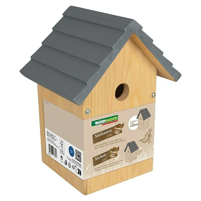 Windhager Nistkasten Cosy - Kiefer, Holz - Ein gemütliches Windhager Vogelhaus "Cosy Nature" aus Holz mit grauem Dach. Ideal für Blaumeisen, Haubenmeisen und Tannenmeisen.