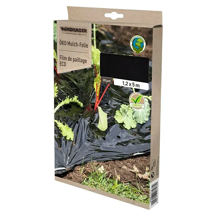 Windhager Mulchfolie Greenline - L x B: 5 x 1,2 m, Recyclebar - Eine Packung Windhager ÖKO Mulch-Folie, eine umweltfreundliche und kompostierbare Folie zur Bodenabdeckung im Garten, Größe 1,2 x 5 m.