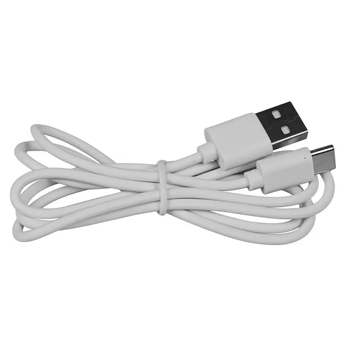 Windhager Ratten- & Mäusebekämpfung Ultra Compact - L x B x H: 5,6 x 8 x 9 cm - Nahaufnahme eines weißen USB-C-Kabels, das zusammengerollt ist, mit einem USB-A-Anschluss an einem Ende. Ideal für schnelles Aufladen und Datenübertragung.