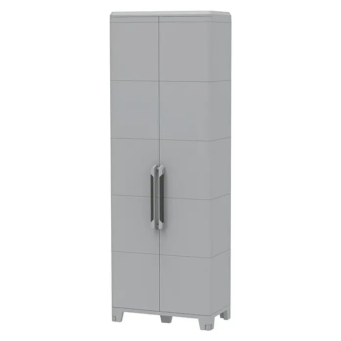Terry Transforming Armario multiusos de plástico  Modular 5 - L x An x Al: 43,6 x 78 x 225,8 cm - Un armario de plástico gris con dos puertas y manijas, ideal para almacenamiento interior.