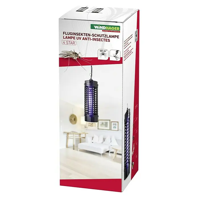 Windhager Insektenvernichter Schutzlampe 4 Star - 1.000 V, Wirkungsbereich: 40 m² - Die Verpackung der Windhager Fluginsekten-Schutzlampe UV Anti-Insekten, eine 4-Sterne-Lampe für den Innen- und Außenbereich.