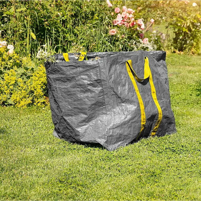 Windhager Gartenabfallsack Cubus XL - Fassungsvermögen: 250 l, Anthrazit - Grauer Gartensack mit gelben Trägern gefüllt mit Gartenabfällen auf Rasen.