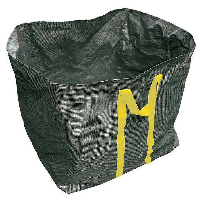 Windhager Gartenabfallsack Cubus XL - Fassungsvermögen: 250 l, Anthrazit - Diese Aufnahme zeigt einen Gartensack aus einem gewebten Material mit gelben Tragegriffen vor einem neutralen, dunklen Hintergrund.
