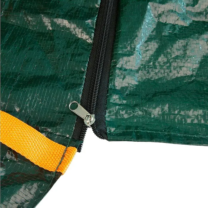 Windhager Gartenabfallsack Laderaumschutz - 170 x 120 cm, HDPE-Kunststoff - Nahaufnahme eines grünen Laubsackes mit Reißverschluss und gelbem Tragegurt.