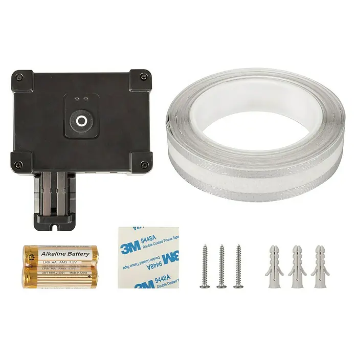 Windhager Schneckenzaun E-Fence - 10 m, Batteriebetrieben - Produktbild mit einer schwarzen Box, Batterien, Klebebandrolle, 3M-Klebestreifen und Schrauben mit Dübeln für die Installation.