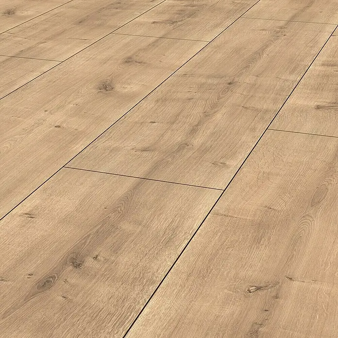 LOGOCLIC Vinto Laminat - Eiche Palazzo, Landhausdiele, 1.288 x 330 x 8 mm - Nahaufnahme von hellem Laminatboden mit Holzstruktur. Die Paneele sind sauber verlegt und zeigen ein realistisches Holzbild.