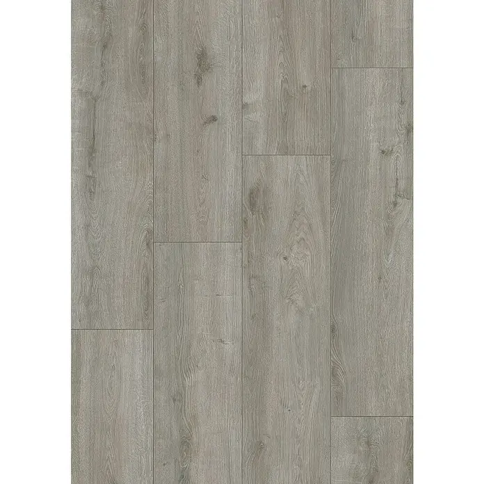 LOGOCLIC Vinto Laminat - Eiche Calais, Landhausdiele, 1.288 x 330 x 8 mm - Nahaufnahme von grauem Laminatboden. Das Laminat hat eine natürliche Holzoptik und eine matte Oberfläche, die zeitlos und modern wirkt.