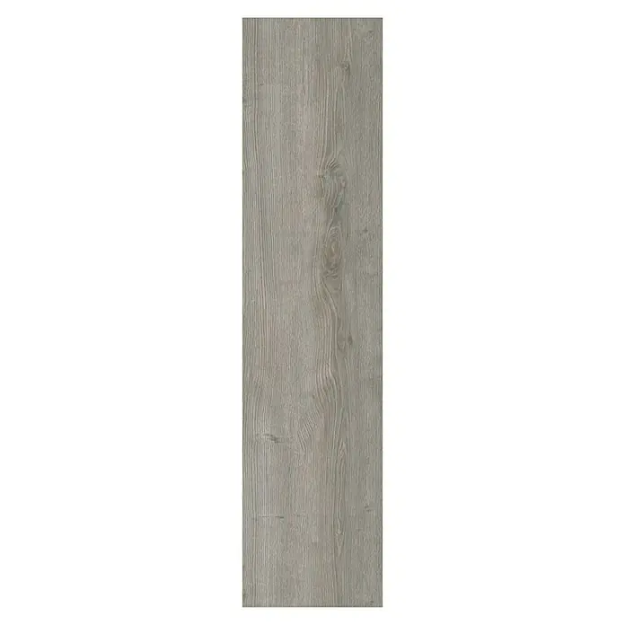 LOGOCLIC Vinto Laminat - Eiche Calais, Landhausdiele, 1.288 x 330 x 8 mm - Das Bild zeigt eine einzelne, längliche Fliese in einem sanften Grauton mit einer Maserung, die an Holz erinnert und eine natürliche Optik verleiht.