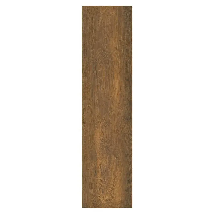 LOGOCLIC Vinto Laminat - Eiche Porto, Landhausdiele, 1.288 x 330 x 8 mm - Detailaufnahme einer rustikalen Holzdiele mit markanter Maserung und warmen Brauntönen, ideal für Bodenbeläge und Wandverkleidungen.