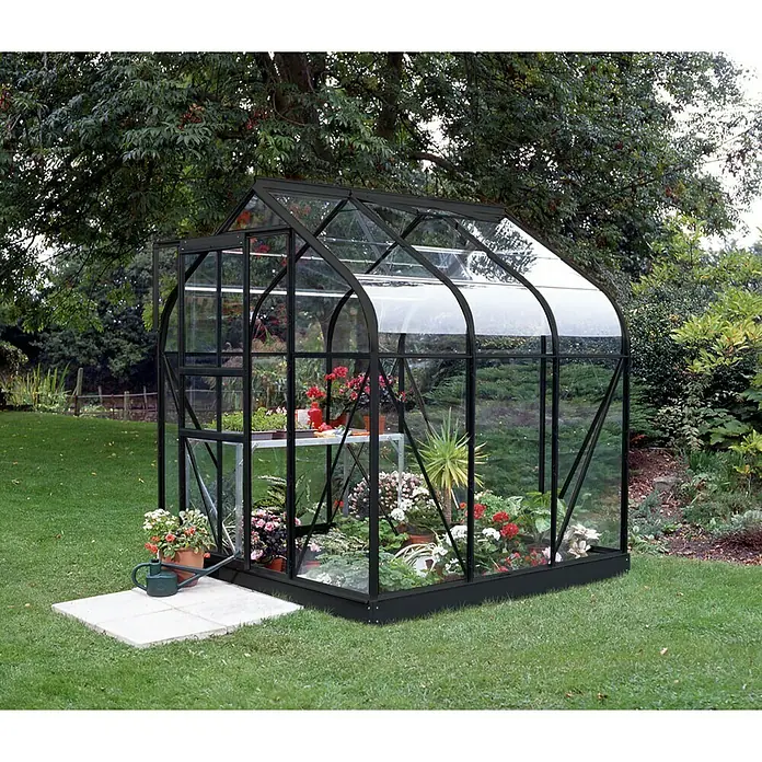 Vitavia Gewächshaus Orion 3800 - Außenmaß inkl. Dachüberstand (B x T): 202 x 195 cm, 3 mm, Schwarz - Nahaufnahme eines Gewächshauses im Garten mit Pflanzen und Blumen. Das Gewächshaus hat ein elegantes Design mit schwarzen Rahmen.