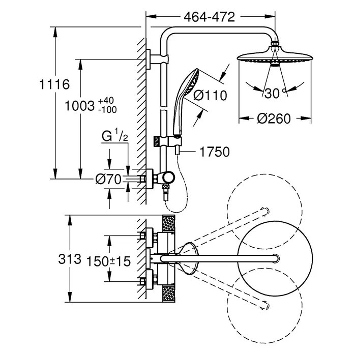 Grohe Vitalio Joy Duschsystem 260 - Mit Thermostatarmatur, Lochabstand: 100,5 cm, Anzahl Strahlarten: 3 Stk., Chrom - Technische Zeichnung einer Duschgarnitur mit Maßangaben zu Höhe, Ausladung und Durchmesser von Kopf- und Handbrause.