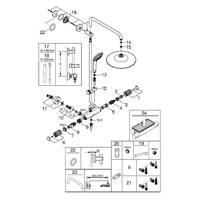 Grohe Vitalio Joy Duschsystem 260 - Mit Thermostatarmatur, Lochabstand: 100,5 cm, Anzahl Strahlarten: 3 Stk., Chrom - Eine detaillierte Explosionszeichnung einer Duscharmatur, die ihre verschiedenen Komponenten und ihre Anordnung zeigt.