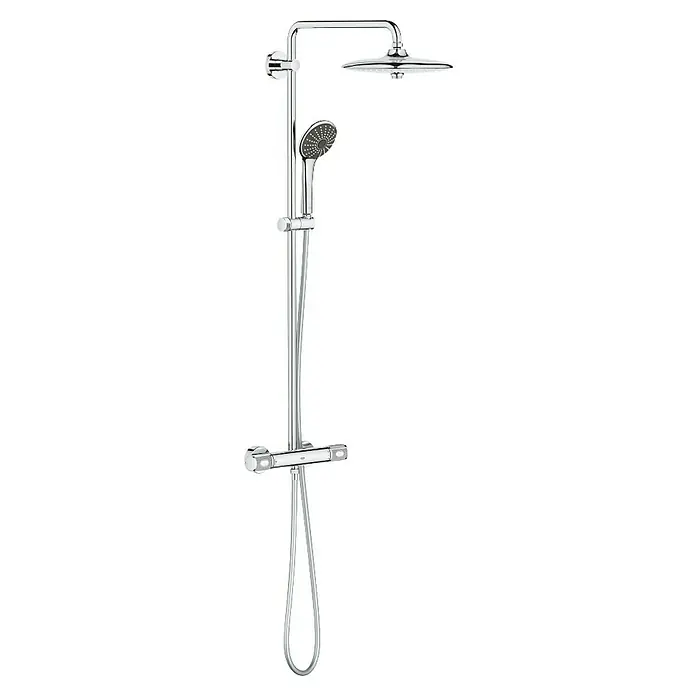Grohe Vitalio Joy Duschsystem 260 - Mit Thermostatarmatur, Lochabstand: 100,5 cm, Anzahl Strahlarten: 3 Stk., Chrom - Das Bild zeigt ein komplettes, verchromtes Duschsystem mit Kopf- und Handbrause sowie Thermostatbatterie für ein luxuriöses Duscherlebnis.