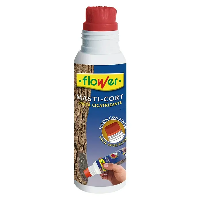 Flower Pasta cicatrizante Masti-Cort - 250 g - Imagen de una botella de pasta cicatrizante Flower Masti-Cort, utilizada para proteger cortes e injertos de árboles, con su tapón rojo distintivo.
