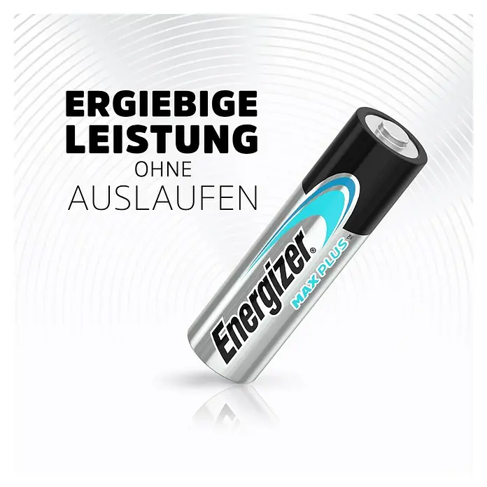 Energizer Batterie Max Plus - Micro AAA, Alkali-Mangan, 1,5 V, 14 Stk. - Das Bild zeigt eine Energizer Max Plus Batterie. Die Batterie ist silberfarben und hat einen schwarzen oberen Teil.