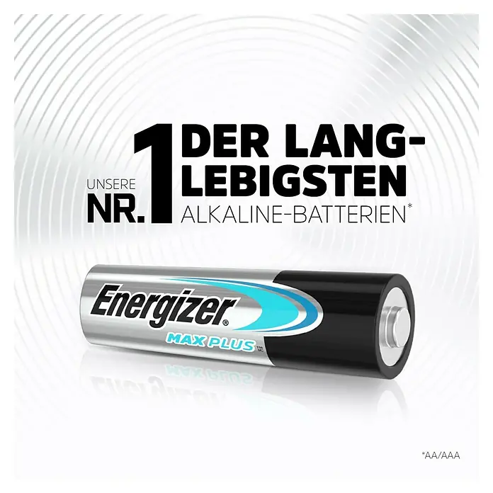 Energizer Batterie Max Plus - Micro AAA, Alkali-Mangan, 1,5 V, 14 Stk. - Eine Energizer Max Plus Batterie mit dem Text "Unsere Nr. 1 der langlebigsten Alkaline-Batterien".