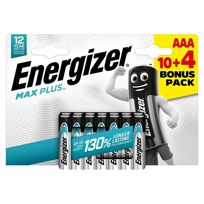 Energizer Batterie Max Plus - Micro AAA, Alkali-Mangan, 1,5 V, 14 Stk. - Abbildung einer 10+4 AAA Bonuspackung Energizer Max Plus Batterien mit 12 Jahren Haltbarkeit und bis zu 130% längerer Laufzeit.