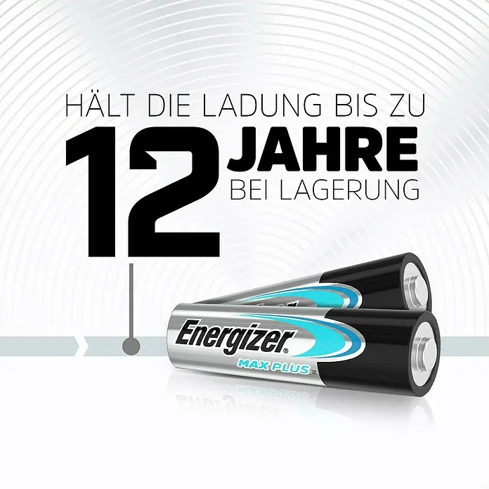 Energizer Batterie Max Plus - Micro AAA, Alkali-Mangan, 1,5 V, 14 Stk. - Produktbild von Energizer Max Plus Batterien, die bis zu 12 Jahre Ladung bei Lagerung halten.