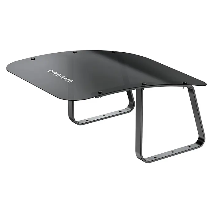 Dreame Robot cortacésped A1 Pro - 2.000 m², Ancho de corte: 22 cm, Navegación por láser, LiDAR - Escudo curvo transparente negro con logo "DREAME", montado sobre un marco de metal oscuro.