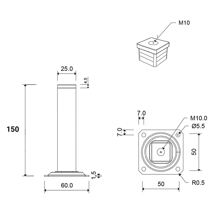 Rei Möbelfuß D30 - Ø x H: 3 x 15 cm, Traglast: 150 kg, Stahl, Silber - Technisches Zeichnung eines zylindrischen Stützpfostens, 150mm hoch, mit 50x50mm quadratischem Fuß und 25x25mm quadratischer Kappe, mit M10-Gewinde.