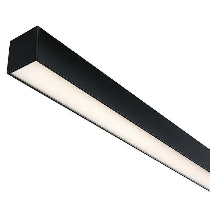 Paulmann Linion Stromeinspeisung Power Channel - 100 x 4 x 4 cm, Signalschwarz, Dimmbar - Nahaufnahme einer linearen LED-Deckenleuchte mit schwarzem Gehäuse, die ein helles, gleichmäßiges Licht abgibt.