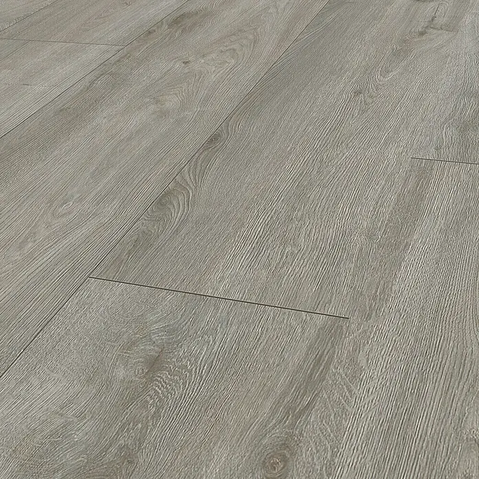 LOGOCLIC Vinto Laminat - Eiche Calais, Landhausdiele, 1.288 x 330 x 8 mm - Nahaufnahme eines grauen Laminatbodens mit einer realistischen Holzstruktur, ideal für moderne Wohnräume und Büros.