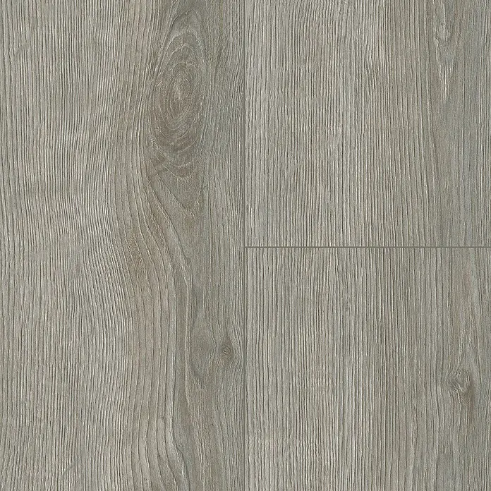 LOGOCLIC Vinto Laminat - Eiche Calais, Landhausdiele, 1.288 x 330 x 8 mm - Nahaufnahme eines grauen Holzfußbodens, der die Maserung und Textur des Materials betont. Ideal für moderne Wohnräume.