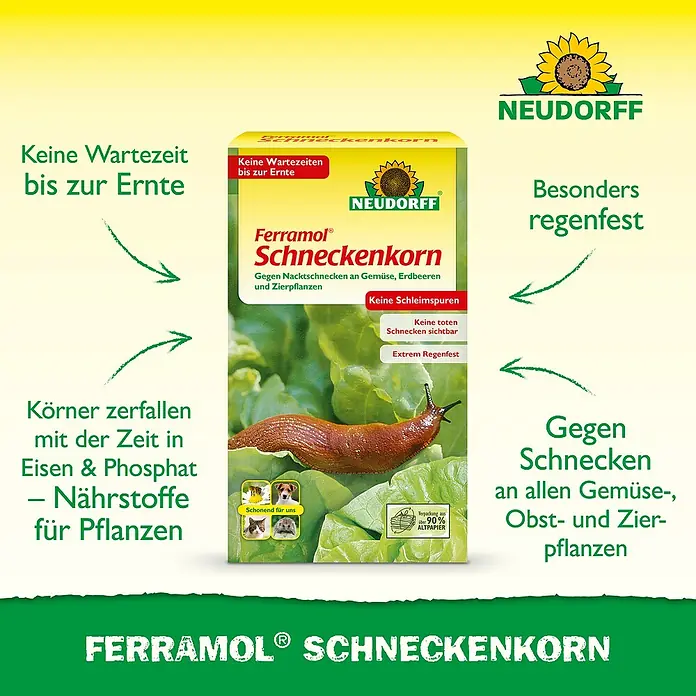 Neudorff Ferramol Schneckenkorn - 500 g - Produktfoto von Ferramol Schneckenkorn, einem Mittel zur Schneckenbekämpfung, das Gemüse, Obst und Zierpflanzen schützt.