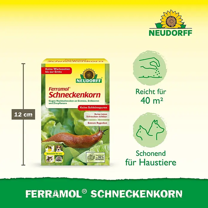 Neudorff Ferramol Schneckenkorn - 200 g - Bild einer Packung Ferramol Schneckenkorn, ein Mittel gegen Nacktschnecken, das für Haustiere schonend und ergiebig für 40 m² ist.